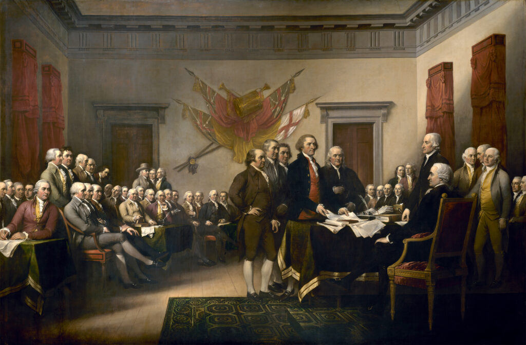 Declaration of Independence signing depicted